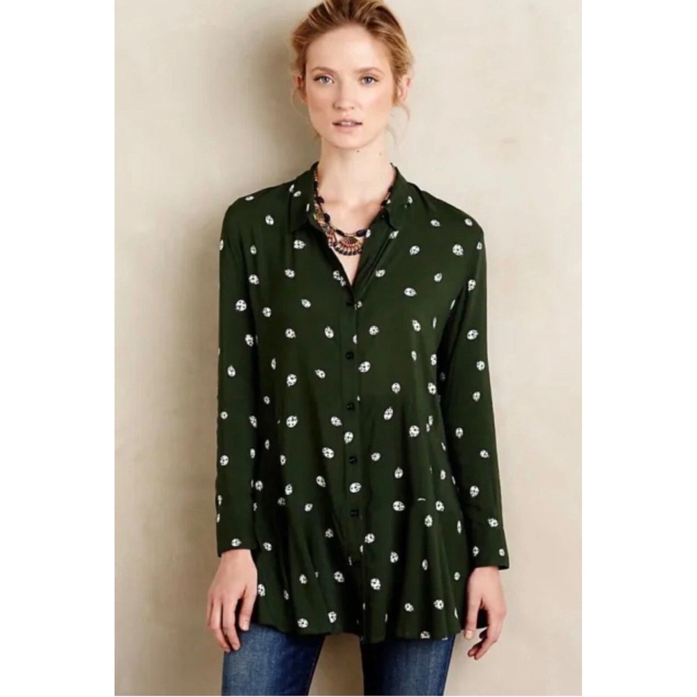11.1 Tylho Anthropologie Ladybug Print Peplum Tunic Top Green Small NEW